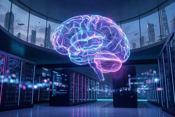 A futuristic conceptual illustration of Artificial Intelligence, showing a glowing digital brain composed of vibrant blue, purple, and orange neural networks and data streams.